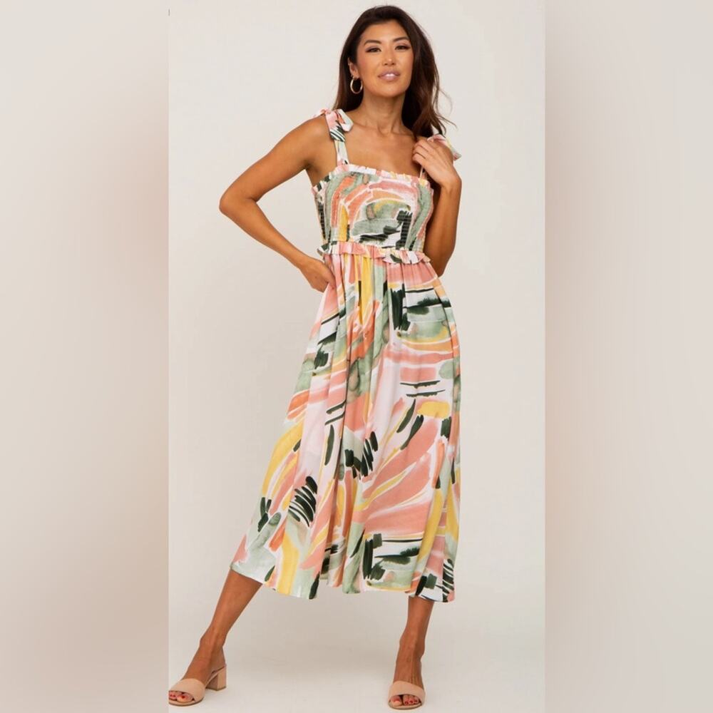 EUC Sunday Up Dress Large Midi Watercolor Brushstroke Smocked A-Line Tea Boho